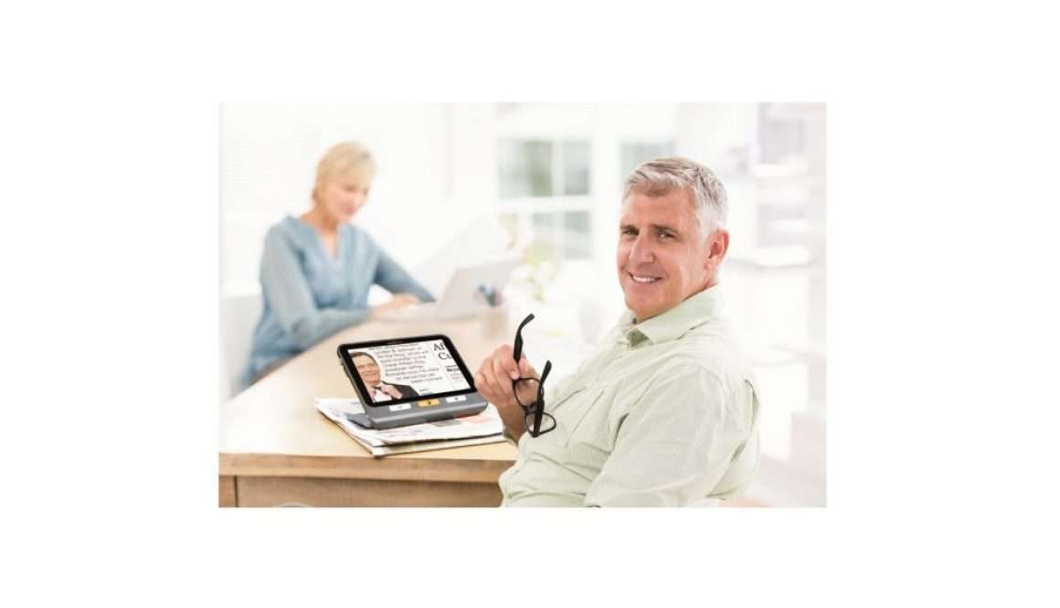 Explore 8 positioned on printed material, highlighting rear design and foldable stand for reading support.