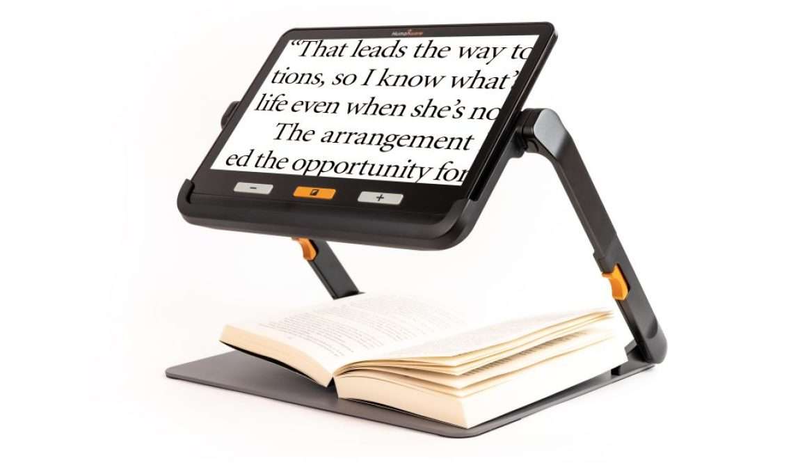 Explore 12-low vision devices for reading, showing magnified text on a book with a clear, adjustable screen.