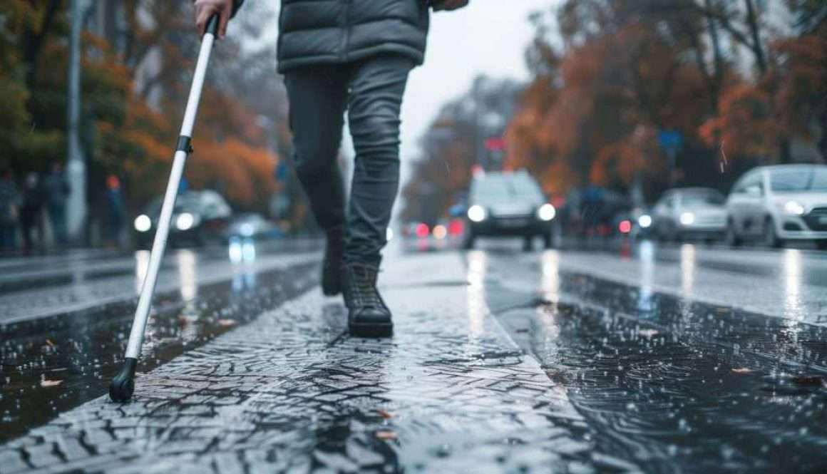 A visually impaired person navigating with a white cane